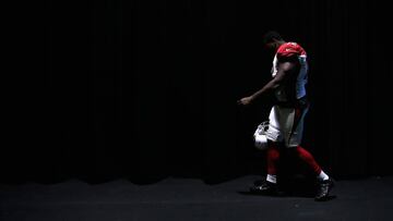 CARSON, CA - NOVEMBER 25: Olsen Pierre #72 of the Arizona Cardinals leaves the field after a game against the Los Angeles Chargers at StubHub Center on November 25, 2018 in Carson, California. 45-10. The Los Angeles Chargers defeated the Arizona Cardinals   Sean M. Haffey/Getty Images/AFP
 == FOR NEWSPAPERS, INTERNET, TELCOS &amp; TELEVISION USE ONLY ==