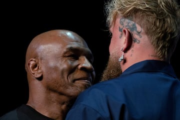 FILE PHOTO: Boxers Mike Tyson and Jake Paul face off during a news conference, ahead of their sanctioned professional fight which was set to take place at AT&T Stadium in Arlington, Texas on July 20, in New York City, U.S., May 13, 2024. REUTERS/David 'Dee' Delgado/File Photo