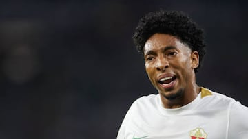 SEVILLA, SPAIN - AUGUST 15: Johan Mojica of Elche CF protests during the spanish league, La Liga Santander, football match played between Real Betis and Elche CF at Benito Villamarin stadium on August 15, 2022, in Sevilla, Spain. (Photo By Joaquin Corchero/Europa Press via Getty Images)