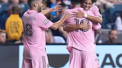 CHESTER, PENNSYLVANIA - AUGUST 15: David Ruiz #41 of Inter Miami CF celebrates his goal with Lionel Messi #10 and Jordi Alba #18 in the second half during the Leagues Cup 2023 semifinals match between Inter Miami CF and Philadelphia Union at Subaru Park on August 15, 2023 in Chester, Pennsylvania.   Mitchell Leff/Getty Images/AFP (Photo by Mitchell Leff / GETTY IMAGES NORTH AMERICA / Getty Images via AFP)