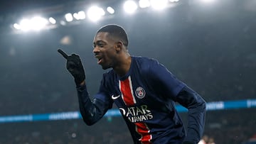Soccer Football - Ligue 1 - Paris St Germain v AS Monaco - Parc des Princes, Paris, France - February 7, 2025 Paris St Germain's Ousmane Dembele celebrates scoring their third goal REUTERS/Gonzalo Fuentes