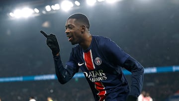 Soccer Football - Ligue 1 - Paris St Germain v AS Monaco - Parc des Princes, Paris, France - February 7, 2025 Paris St Germain's Ousmane Dembele celebrates scoring their third goal REUTERS/Gonzalo Fuentes