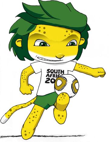 En el primer mundial que se celebró en el continente africano, Sudáfrica eligió a Zakumi como su mascota. Se trató de un leopardo africano con el cabello verde y una camiseta blanca, así como sus shorts verdes.