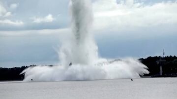 Tallboy bomb, the biggest World War Two bomb ever found in Poland, explodes underwater while being defused, in Swinoujscie, Poland, October 13, 2020 in this still image obtained from a video. Polish 8th Coastal Defense Flotilla/Poznan University of Techno