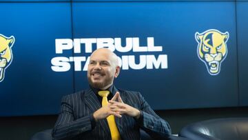 Photograph provided by Florida International University (FIU) showing international singer and businessman Armando Christian Pérez, better known as Pitbull, participating in the presentation event for the Pitbull Stadium project this Tuesday in Miami (Florida). FIU in Miami announced an agreement with Cuban-American singer and businessman Pitbull to make him the new name of its American football stadium, which from now on will be called Pitbull Stadium. EFE