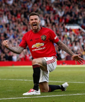 Soccer Football - 1999 Treble Reunion Match - Manchester United '99 Legends v Bayern Munich Legends - Old Trafford, Manchester, Britain - May 26, 2019  Manchester United's David Beckham celebrates scoring their fifth goal    REUTERS/Andrew Yates       TPX