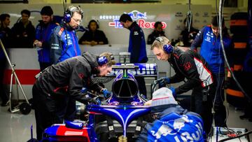 MONTMELO, SPAIN - MARCH 01:  Honda engine technicians working in the Scuderia Toro Rosso garage during day four of F1 Winter Testing at Circuit de Catalunya on March 1, 2018 in Montmelo, Spain.  (Photo by Peter Fox/Getty Images)