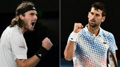 Combo fotográfico con Stefanos Tsitsipas y Novak Djokovic, rivales enla final del Open de Australia este domingo.