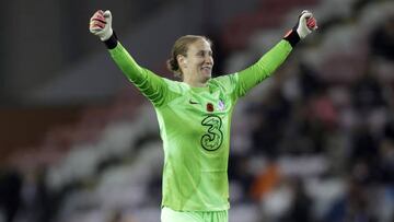 Chelsea's goalkeeper Ann-Katrin Berger celebrates during the Barclays Women's Super League match at Leigh Sports Village, Leigh. Picture date: Sunday November 6, 2022. (Photo by Richard Sellers/PA Images via Getty Images)