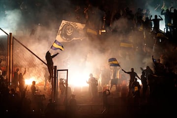 San Luis' fans celebrate during the Liga MX Apertura tournament quarterfinals first leg football match between San Luis and Tigres at the Alfonso Lastras Stadium in San Luis Potosi, San Luis Potosi State, Mexico, on November 28, 2024. (Photo by MARIO ARMAS / AFP)