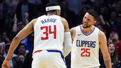 Mar 4, 2018; Los Angeles, CA, USA; Los Angeles Clippers guard Austin Rivers (25) celebrates with Los Angeles Clippers forward Tobias Harris (34) after hitting a three point basket to tie the game in the fourth quarter against the Brooklyn Nets at Staples Center. Mandatory Credit: Jayne Kamin-Oncea-USA TODAY Sports