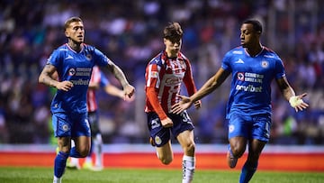 Armando Gonzalez (L) of Guadalajara fights for the ball with Willer Ditta (R) of Cruz Azul during the 7th round match between Cruz Azul and Guadalajara as part of the Liga BBVA MX Varonil, Torneo Clausura 2026 at Cuauhtemoc Stadium, on February 21, 2026 in Puebla, Mexico.