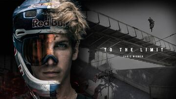 Cartel de la pel&iacute;cula de MTB To the limit, de Fabio Wibmer, en la que el piloto austr&iacute;aco de Red Bull intenta explicar por qu&eacute; hace lo que hace. En la foto se le ve mitad con casco, mitad sin; mientras en el otro lado est&aacute;n los cr&eacute;ditos de la pel&iacute;cula, un drop y una ca&iacute;da. 