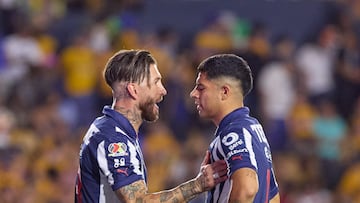 Sergio Ramos and Victor Guzman of Monterrey during the 15th round match between Tigres UANL and Monterrey as part of the Liga BBVA MX, Torneo Clausura 2025 at Universitario Stadium, on April 12, 2025 in Monterrey, Nuevo Leon, Mexico.