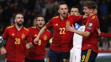 Sarabia celebra el gol de la victoria de Espa&ntilde;a en Grecia.