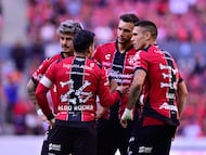 Diego Gonzalez, Aldo Rocha, Matheus Dorria, Uros Durdevic of Atlas during the 16th round match between Atlas and Toluca as part of the Liga BBVA MX, Torneo Apertura 2025 at Jalisco Stadium, on November 01, 2025 in Guadalajara, Jalisco, Mexico.