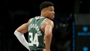 Feb 28, 2023; Brooklyn, New York, USA; Milwaukee Bucks forward Giannis Antetokounmpo (34) reacts during the first quarter against the Brooklyn Nets at Barclays Center. Mandatory Credit: Brad Penner-USA TODAY Sports