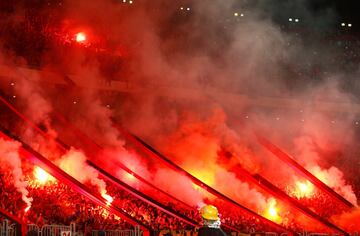 Soccer Football - CAF Champions League - Final - Al Ahly vs Wydad Casablanca - Borg El Arab Stadium, Alexandria, Egypt - October 28, 2017   General view of fans with flares   