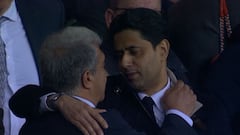 Laporta con Al Khelaïfi, en el partido de Champions entre el Barça y el PSG.