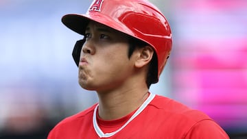 PHILADELPHIA, PENNSYLVANIA - AUGUST 30: Shohei Ohtani #17 of the Los Angeles Angels reacts during the first inning against the Philadelphia Phillies at Citizens Bank Park on August 30, 2023 in Philadelphia, Pennsylvania.   Tim Nwachukwu/Getty Images/AFP (Photo by Tim Nwachukwu / GETTY IMAGES NORTH AMERICA / Getty Images via AFP)