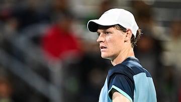 MONTREAL, CANADA - AUGUST 10: Jannik Sinner of Italy looks on against Andrey Rublev in the Men's Singles quarterfinals round match during Day Five of the ATP Masters 1000 National Bank Open at Stade IGA on August 10, 2024 in Montreal, Canada.   Minas Panagiotakis/Getty Images/AFP (Photo by Minas Panagiotakis / GETTY IMAGES NORTH AMERICA / Getty Images via AFP)