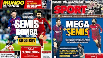 Portadas de Mundo Deportivo y Sport del 18 de abril de 2019 con Leo Messi y Mo Salah como protagonistas tras confirmarse la semifinal de Champions League entre F.C. Barcelona y Liverpool.