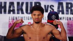 NEWARK, NEW JERSEY - JULY 05: Shakur Stevenson poses on the scale during a weigh-in ahead of his WBC Lightweight World Title fight against Artem Harutyunyan of Germany (not pictured) at Prudential Center on July 05, 2024 in Newark, New Jersey.   Sarah Stier/Getty Images/AFP (Photo by Sarah Stier / GETTY IMAGES NORTH AMERICA / Getty Images via AFP)