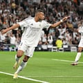 Real Madrid's French forward #09 Kylian Mbappe reacts during the Spanish league football match between Real Madrid CF and Deportivo Alaves at the Santiago Bernabeu stadium in Madrid on September 24, 2024. (Photo by JAVIER SORIANO / AFP)