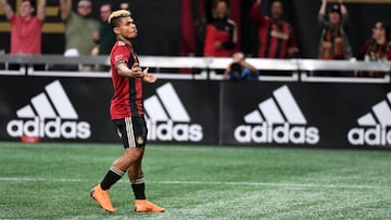 Mar 17, 2018; Atlanta, GA, USA; Atlanta United forward Josef Martinez (7) reacts a to his goal against the Vancouver Whitecaps during the second half at Mercedes-Benz Stadium. Mandatory Credit: John David Mercer-USA TODAY Sports