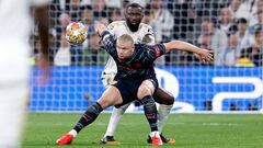 El marcaje de Rüdiger a Haaland en el partido de ida en el Bernabéu.