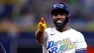 ST PETERSBURG, FLORIDA - JULY 12: Randy Arozarena #56 of the Tampa Bay Rays reacts after hitting a single in the third inning during a game against the Cleveland Guardians at Tropicana Field on July 12, 2024 in St Petersburg, Florida. Mike Ehrmann/Getty Images/AFP (Photo by Mike Ehrmann / GETTY IMAGES NORTH AMERICA / Getty Images via AFP)
