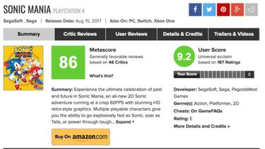 Sonic Mania, el Sonic mejor puntuado en 15 años