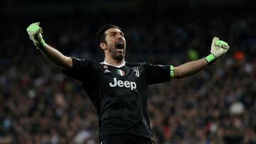 FILE PHOTO: ON THIS DAY -- April 11 April 11, 2018 SOCCER - Juventus goalkeeper Gianluigi Buffon celebrates their third goal scored by Blaise Matuidi in a 3-1 win against Real Madrid at the Santiago Bernabeu stadium, Madrid. Buffon was later sent