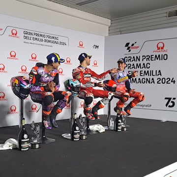 Jorge Martín, Enea Bastianini y Marc Márquez, en la rueda de prensa del GP de la Emilia Romaña.