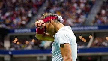 Sep 5, 2022; Flushing, NY, USA; Rafael Nadal of Spain wipes sweat from his forehead during a match against Frances Tiafoe of the United States on day eight of the 2022 U.S. Open tennis tournament at USTA Billie Jean King Tennis Center. Mandatory Credit: Danielle Parhizkaran-USA TODAY Sports