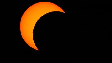 Oct 14, 2023; Tuscaloosa, Alabama, USA; The annual solar eclipse is seen during the Arkansas vs Alabama football game at itÕs maximum eclipse near 60% at 12:08pm during the second quarter at Bryant-Denny Stadium. Several of the Western states celebrated the Ring of Fire total eclipse. Mandatory Credit: John David Mercer-USA TODAY Sports