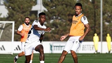 Vinicius y Militao, en el entrenamiento con el Madrid.