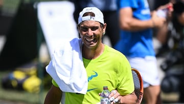 Rafael Nadal during a training session at The All England Tennis Club in Wimbledon.