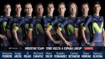 Imagen de los 9 ciclistas del Movistar Team que participarán en la Vuelta a España: Antonio Pedrero, Jorge Arcas, José Joaquín Rojas, Richard Carapaz, Marc Soler, Rubén Fernández, Carlos Betancur, Dani Moreno y Nelson Oliveira.
