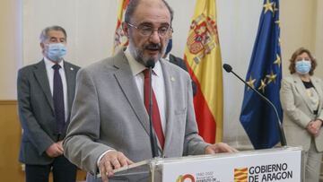 El presidente del Gobierno aragon&eacute;s, Javier Lamb&aacute;n, durante una rueda de prensa.