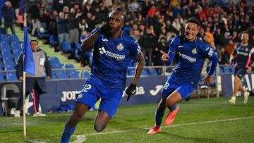 GETAFE, SPAIN - NOVEMBER 22: Allan Nyom of Getafe CF celebrates the team's second goal with teammate Alvaro Rodriguez during the LaLiga match between Getafe CF and Real Valladolid CF at Coliseum Alfonso Perez on November 22, 2024 in Getafe, Spain. (Photo by Denis Doyle/Getty Images)