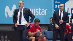 El entrenador del Barcelona de f&uacute;tbol sala, Andreu Plaza, durante el partido de Playoffs por el t&iacute;tulo de Liga ante el Movistar Inter.
 