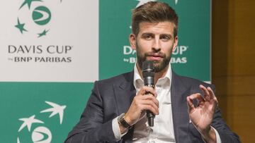 El futbolista del F.C. Barcelona y presidente del Grupo Kosmos Gerard Piqué; interviene durante la presentación de la nueva Copa Davis en Madrid.