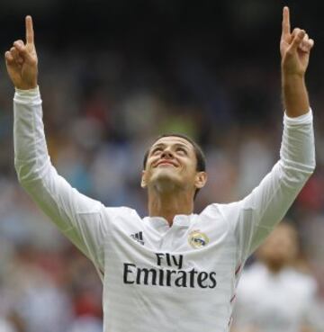 Javier Hernández 'Chicharito' celebra un gol con el Real Madrid ante el Deportivo de La Coruña en septiembre de 2014.
