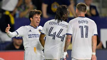 Aug 26, 2023; Carson, California, USA; Los Angeles Galaxy midfielder Riqui Puig (6) is congratulated by Los Angeles Galaxy forward Raheem Edwards (44) after he scored a goal in the second half against the Chicago Fire at Dignity Health Sports Park. Mandatory Credit: Jayne Kamin-Oncea-USA TODAY Sports