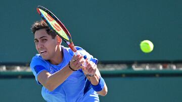 Mar 7, 2023; Indian Wells, CA, USA;   Alejandro Tabilo (CHI) hits a shot during his 2nd round qualifying match against Zachary Svajda (not pictured) during the BNP Paribas Open at the Indian Well Tennis Garden. Mandatory Credit: Jayne Kamin-Oncea-USA TODAY Sports