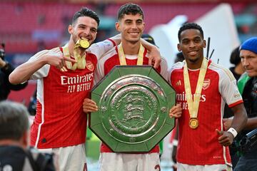 New Gunners | Arsenal's Declan Rice (L), Kai Havertz (C) and Jurrien Timber (R).