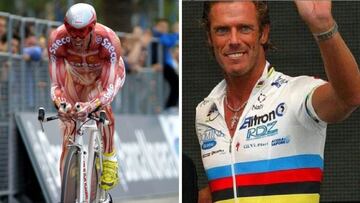 Mario Cipollini, con uno de los extravagantes maillots del Saeco y en una imagen más reciente con el maillot de campeón del mundo.