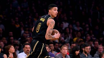 LOS ANGELES, CA - MARCH 30: Kyle Kuzma #0 of the Los Angeles Lakers dribbbles up court during the first half against the Milwaukee Bucks at Staples Center on March 30, 2018 in Los Angeles, California. Harry How/Getty Images/AFP
== FOR NEWSPAPERS, INTERNET, TELCOS & TELEVISION USE ONLY ==
