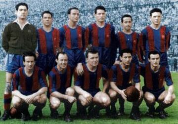 En el a?o 1953 el Barcelona gana su sexta liga. De pie: Ramallets, Seguer, Biosca, Segarra, Flotats y Bosch. Abajo la famosa delantera cantada por Joan Manuel Serrat: Basora, Csar, Kubala, Moreno y Manchn.